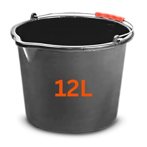 Medium 12L (3.1 Gallon) Black Plastic Bucket with Handles - Sturdy Water Bucket, Big with Measuring Scale - Ideal for Builders, Car Washes, Bathroom and Home & Garden. Set by MYPURECORE