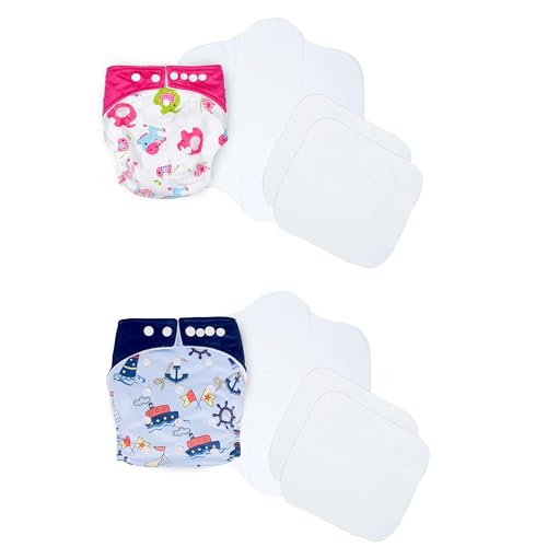 Image of Ambaby Cloth Diapers Combo Pack Quick Dry Comfort Gots Certified Free Size Button Adjustable, Washable, Reusable, Multilayered Cotton Pads And Boosters, Animals Pink And Sea Sailor Printed - Pack Of 2