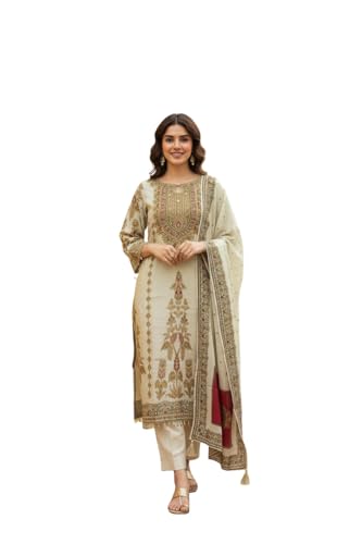 Image of Amazon Brand - Tavasya Womens Ethnic Motifs Embroidered Kurta Pant Set With Designer Long Dupatta