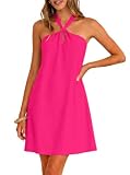 IHOT A Line Wedding Guest Dresses for Women Summer Casual Sundresses 2026 Halter Neck Boho Beach Vacation Mini Dress Short Night Out Club Cruise Garden Party Graduation Dress Hot Pink Medium