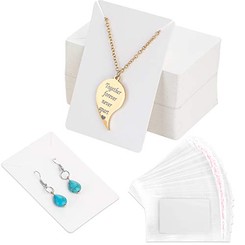 100 Pack Earring Cards+200 Pcs Self-Sealing Bags, Kraft Paper Necklace Display Cards and Earring Card Holder, Hanging Earring Cards for Earrings and Necklace (White)