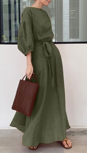 Image of CHARTOU Women Elegant Long Dress Boat Neck 3 /4 Lantern Sleeve Cotton Linen Dress with Belt