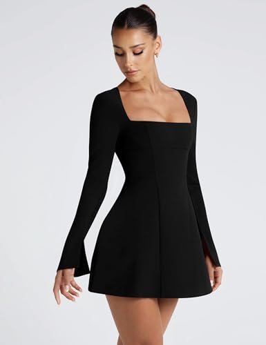 YMDUCH Women's Sexy Long Sleeve Square Neck A-Line Mini Club Prom Dress3