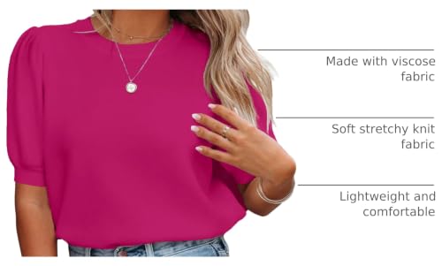 Image of Womens Puff Short Sleeve Sweater Tops Crewneck Basic Knit Pullover Lightweight Casual Sweaters