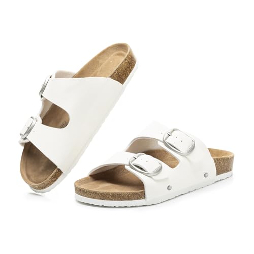 Image of FITORY Womens Flat Sandals with Cork Footbed, Open Toe Arch Support Slides Adjustable Slip On Slippers for Summer 2026 Size 6-11