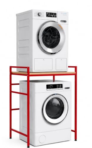 Image of 56459 Washing Machine Storage Rack, Height Adjustable Dryer Rack with Washing Machine and Dryer Storage Rack, Space Saving with Load Capacity - Red frame with Dart brown top