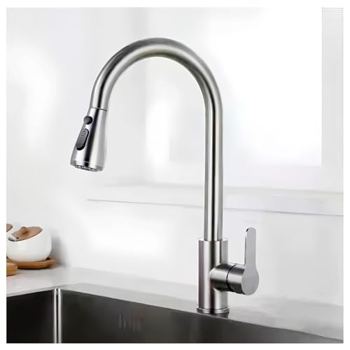 Grifo De Cocina De Acero Inoxidable 304 Plateado Cepillado, Rociador Extraíble Giratorio 360° Con 2 Modos, Grifo De Fregadero De Alto Arco Monomando Con Cartucho Cerámico, Extensible