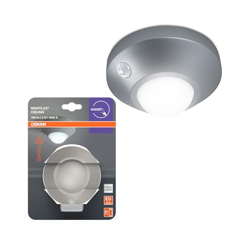 OSRAM Lámpara de techo NIGHTLUX, plata, con sensor de movimiento y luz, funcionamiento con pilas, IP20, 105 lm, 4000K, fácil instalación y carcasa robusta.