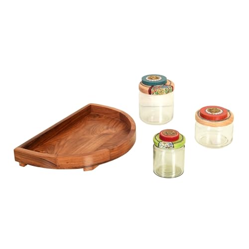 Image of AAKRITI ART CREATIONS Rainbow Pickle Jars with Handcrafted Wood Lids in Round Tray | Warli Art Colorful Glass Jar Set for Kitchen and Dining | Glossy Finish Airtight Storage Jars