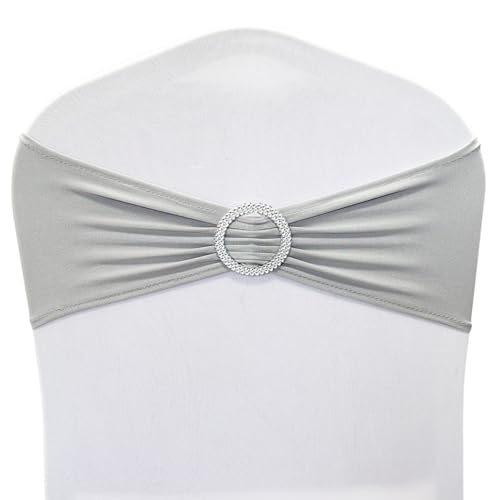 Image of Spandex Chair Sashes Bands, Silver, 30PCS | Stretch Chair Ties Bows, With Buckle Slider, For Wedding Party Banquet Decoration
