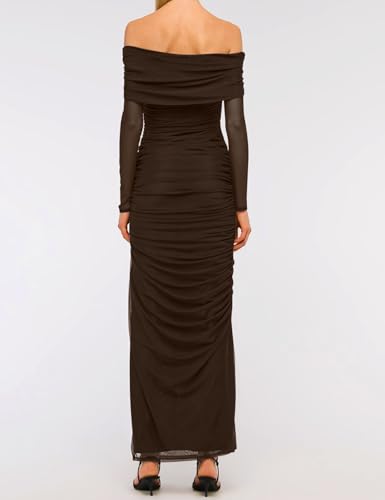 Relipop Women Off Shoulder Dress Long Sleeve Bodycon Mesh Ruched High Split Fall Formal Wedding Guest Maxi Dresses3