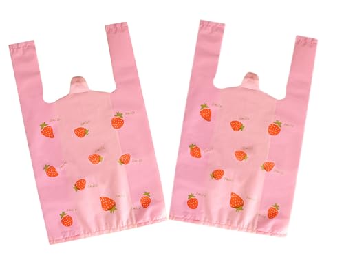 YYaaloa Pink Strawberry Plastic Bags 50 Count, Pink Grocery, Restaurants, Convenience Store with Handles Shopping Bags in Bulk (Pink Strawberry print, 9.8x16.5inch)
