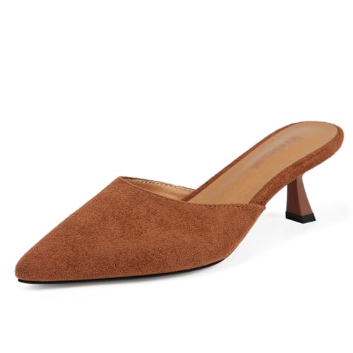 Fericzot Women Mesh Kitten Heel Mules-Slip on Backless Slides Pointed Closed Toe Low Stiletto Heels Wedding Party Daily Dress Shoes