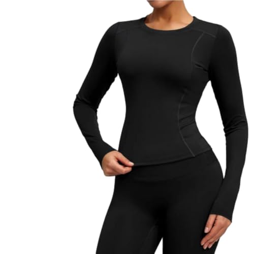ZERAOKE Women’S Long Sleeve Yoga Compression Shirt,Slim Fit Base Layer Athletic Top for Pilates Stretching Running Gym-Black-L