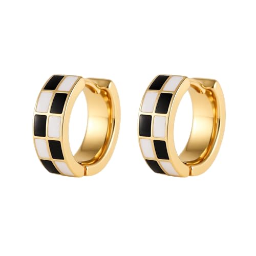 Sriomu Chic Checker Small Hoop Cartilage Earrings Teacher Earrings for Women；White Black Enamel Hypoallergenic Hooped Gifts Gold and Silver tone