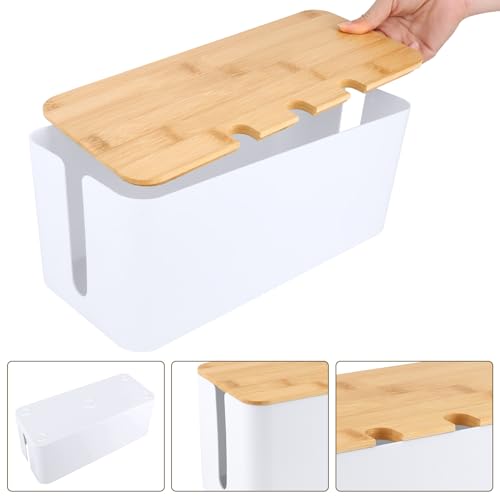 QOUBNIC Kabelmanagementbox, Kabelmanagement Box Aufbewahrungsbox für Kabel mit Bambusdeckel, Kabelaufbewahrungsbox zum Verstecken von Kabeln Organisieren von Computerverkabelung und Losen Kabeln