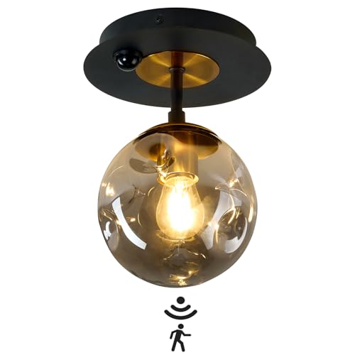 Image of Motion Sensor Light Indoor 1-Light Mini Glass Globe Ceiling Light Fixture Modern Black Semi Flush Mount Light for Hallway Entryway Porch Stairway Closet