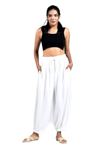 Image of Solid Pattern Relaxed Loose Fit Viscose Afghani Salwar Patiala Pathani with Elastic Waist Baggy Yoga Boho Aladdin Pant Women's Harem Pants