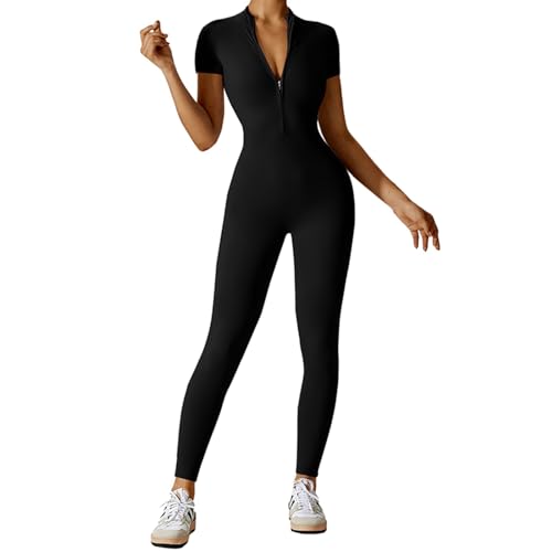 Litthing Damen Sport Jumpsuit Eng mit V-Ausschnitt Reißverschluss Yoga Overall Body Outfits Playsuit Bodycon Kurze Ärmel Strampler Sportanzug Fitness Slim Jogginganzug