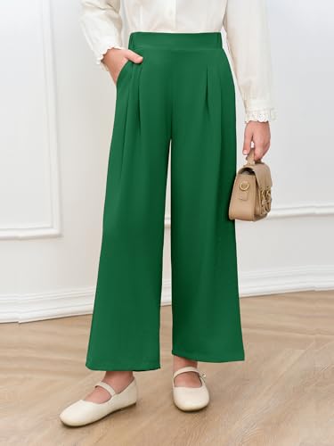Image of Haloumoning Girls Uniform Pants Kids Wide Leg Dress Pants 5-14 Years | High Waisted, Casual Trousers, With Pockets