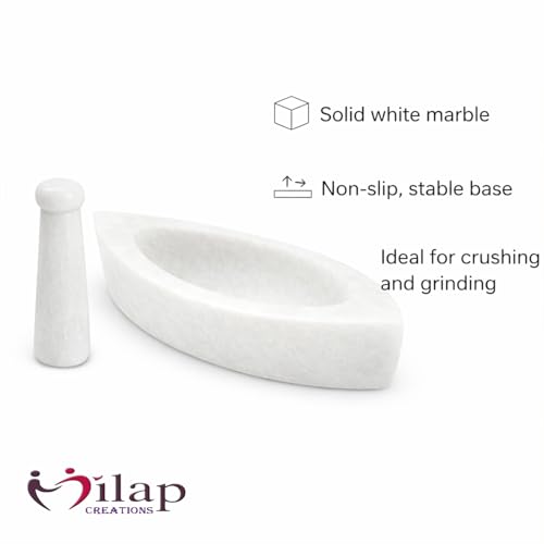 Image of White Boat Shape Marble Mortar and Pestle Set 7 Inch kitchen tool for grind, crush, and mix spices, herbs, chutneys, pastes, and medicines.