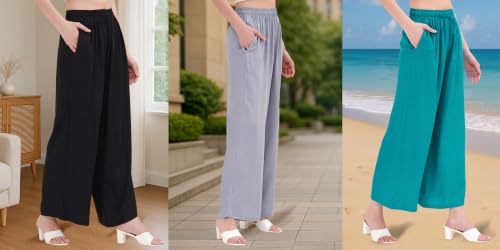Image of Buy That Trendz Palazzo Pants for Women Rayon Elasticated Regular Fit Flared Wide Leg M to 6XL Pack of 3