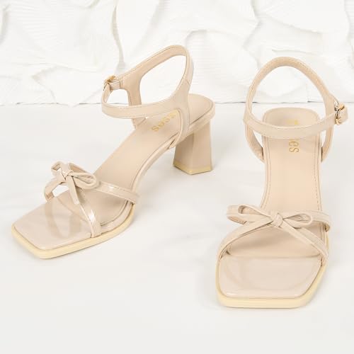 Image of rsxses High Heels for Women Bow Block Chunky Heels Square Open Toe Sandals Wedding Dress Party Strappy Heels