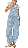 loveimgs Women Floral Print Denim Overalls Baggy Barrel Jeans Patchwork Denim Pants Y2k Straps Wide Leg Jumpsuit One Piece, Light Blue, Medium