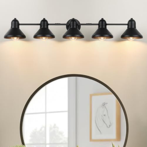 Image of Bairth Bathroom Light Fixtures,5-Light Black Metal Vanity Light Over Mirror | Farmhouse Rustic Industrial Bathroom Vanity Light, Modern Bathroom Lights with Metal Shade for Living Room Cabinet Hallway