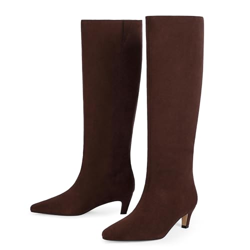 Image of Modatope Knee High Boots Women Square Toe Kitten Heel Tall Boots