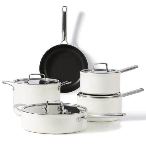 CAROTE 9Pcs Nonstick Pots and Pans Set, Premium Kitchen Cookware Set Non Stick, Heavy Gauge Stainless Steel Pan Set with Frying Pans, Saucepan, Dishwasher/Oven Safe, Suitable for All Stoves, White