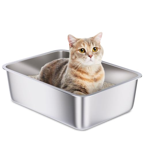 Holintan Stainless Steel Litter Box,Metal Cat Litter Box Easy Clean,