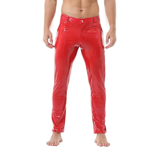 Men's Skinny Black PU Leather Pants - Straight Leg Faux Leather Night Club Shiny Disco Casual