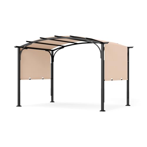 Image of TANGZON 305 x 242 cm Outdoor Retractable Pergola, Garden Pergola with Sliding Canopy, Metal Frame, Curved Roof and Side Privacy Screens, Patio Gazebo Shelter for Backyard, Deck and Garden (Beige)
