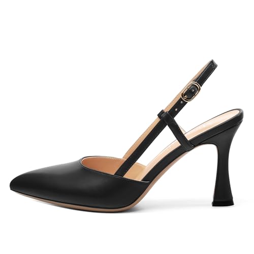 Kitten Heels Slingbacks Closed Pointed Toe Black Pumps Adjustable Strap Buckle Heels Sandals 3.15inch for Women2