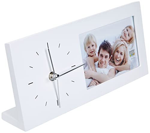 Deknudt Frames S66RT1 Bilderrahmen für Fotos, mit Uhr, zum Aufstellen, Holz, 13 x 30 cm, Bilderformat 10 x 15 cm, Weiß Cover