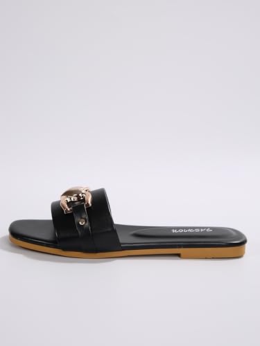 MGGMOKAY Women's Flat Sandals Fashion Slides With Soft Leather Slippers for Summer,Black,64