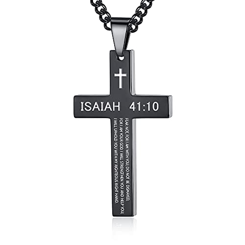 REVEMCN Inspirational Bible Verse Cross Necklace for Men Boys Stainless Steel Plain Black Silver Cross Pendant Necklace for Men 20-24 Inches Curb Chain Faith Jewelry Gift (Isaiah 41:10 - Black 22)