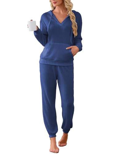 Image of Famulily 2 Pieces Ribbed Knit Outfits Drawstring Hoodies Jogger Pants Matching Pajama Sets with Pockets