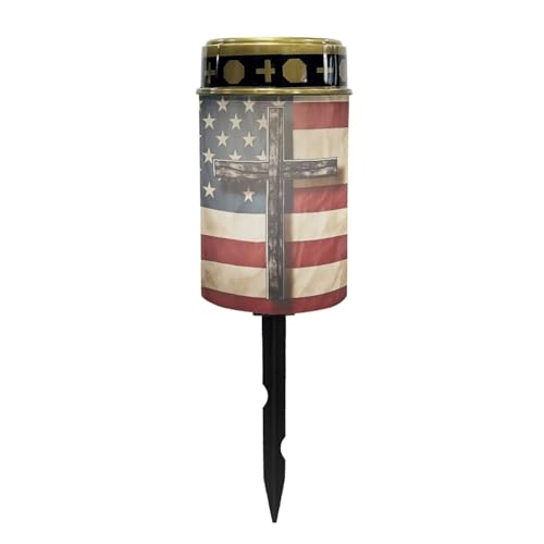 Image of Poceacles Cross Solar Pathway Lights Outdoor Grave Solar Lights Outside Waterproof Cemetery Flameless Candles Outdoor Solar Candle Grave Markers Eternal Decor, American Flag Cross