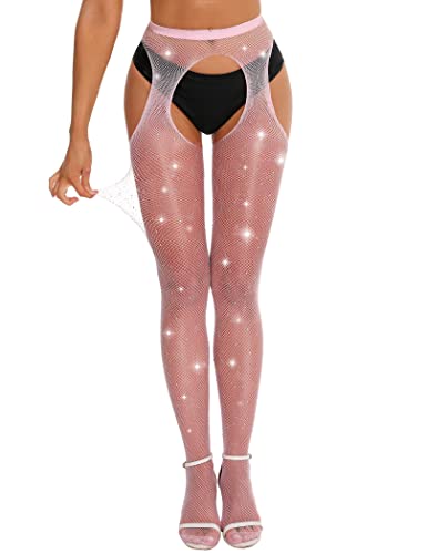 Image of RSLOVE Fishnet Stockings Rhinestone High Waist Tights Pantyhose Women's Sexy Sparkle Stockings