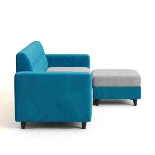 Image of FURNY Luxe 4 Seater L Shape Sofa Set with Movable Ottoman | Flexible Left or Right Layout | Plush Velvet Fabric (Aqua Blue-Light Grey) | Perfect for Living Room, Guest Room & Office