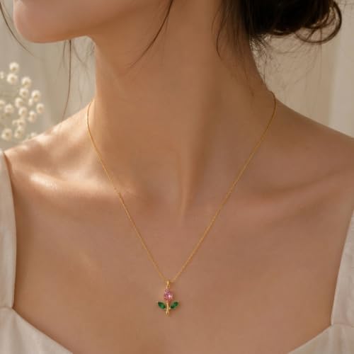 Image of Pink and Green Mini Tulip Pendant Necklace for Women with Pink Crystal, Floral Charm Chain Stainless Steel Anti Tarnish Waterproof Hypoallergenic, Gift for Her