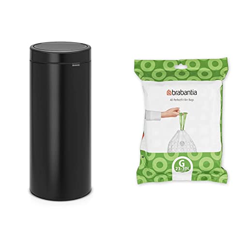 Brabantia 30 L Matt Black Kitchen Touch Bin with Removable Lid, Easy Clean, Fits Brabantia Bin Liners Size G, 30 Litre Capacity, Black, Plastic & Stainless Steel, Indoor Use