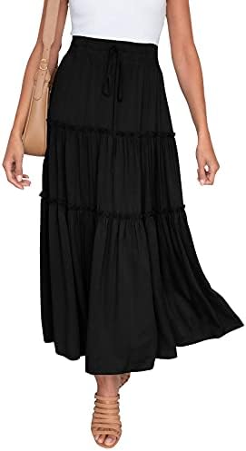 MYONE Women Boho Elastic High Waist Skirt with Pockets A Line Layer Drawstring Ruffle Swing Flowy Ruched Tiered Maxi Skirt (Black, M)