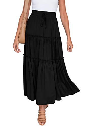 Myone Women Boho Elastic High Waist Skirt With Pockets A Line Layer Drawstring Ruffle Swing Flowy Ruched Tiered Maxi Skirt (Black, M) #TOP7