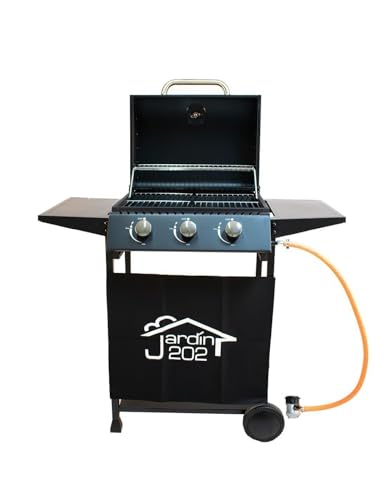 JARDIN202 - Barbacoa Gas Alaska 3 Quemadores | Parrilla Gas con Tapa y Ruedas | Termometro | Mesas Auxiliares Plegables | (Negro)