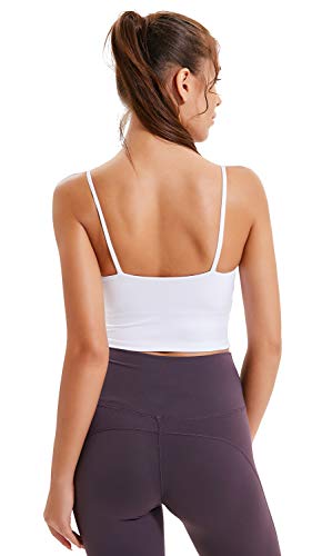 Lavento Women's Longline Sports Bra Yoga Cami Tank Top with Built in Bra (Medium,White)