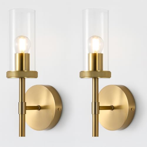 Image of Set of 2 Modern 13 Inch Brushed Gold Wall Sconces Satin Brass Finish Clear Glass Brushed Brass Wall Sconce, Hardwired Sconce Light Fixtures for Bathroom, Vanity, Living Room, Bedroom (Bulb Included)