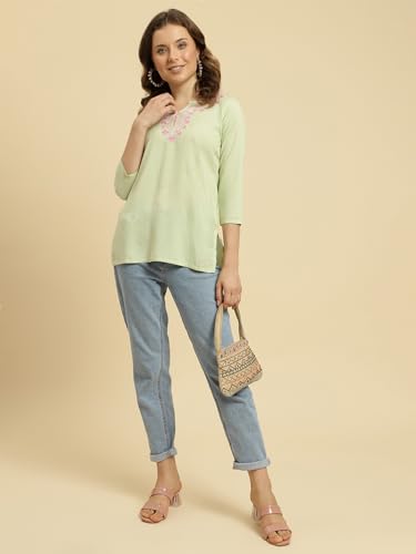 Image of QAZMI Short Kurti for Women| Embroidered Pashmina Straight Rayon Cotton Kurta | Women's Tunic Tops